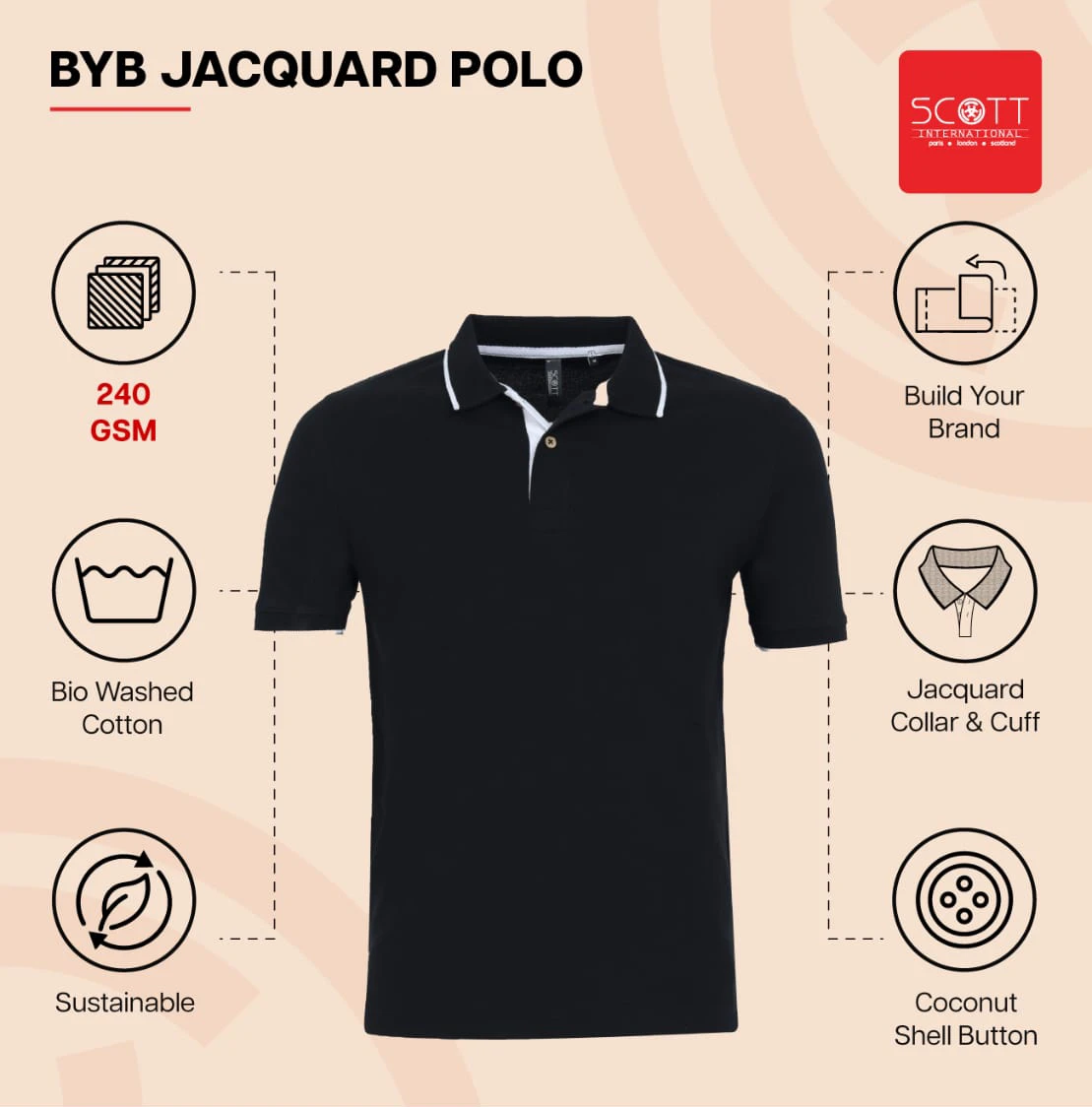 Scott Sustainable BYB Jacquard Polo - Black with White Tip